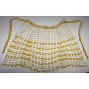 Vintage Crochet Half Apron Yellow Ivory Chevron Stripe Tie Back Halter Top